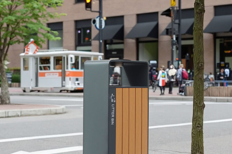 Modern Stainless Steel & Wooden Outdoor Waste Bin with Ashtray – Street Recycling Trash Can (2) Wooden Outdoor Waste Bin with Ashtray