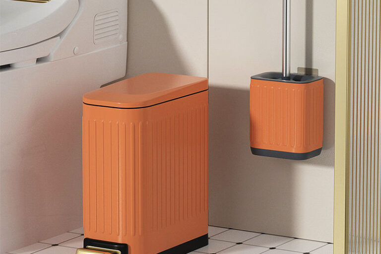 Stainless Steel Bin 2-Piece Bathroom Set – Soft Close Foot Pedal Trash Can & Toilet Brush (1) Stainless Steel Bathroom Trash Can